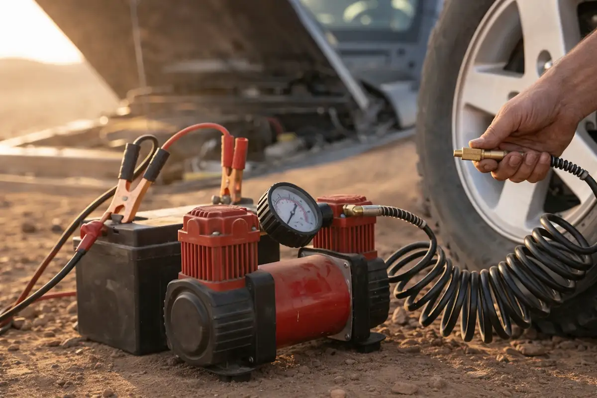 קומפרסור אוויר לשטח המחובר למצבר הרכב