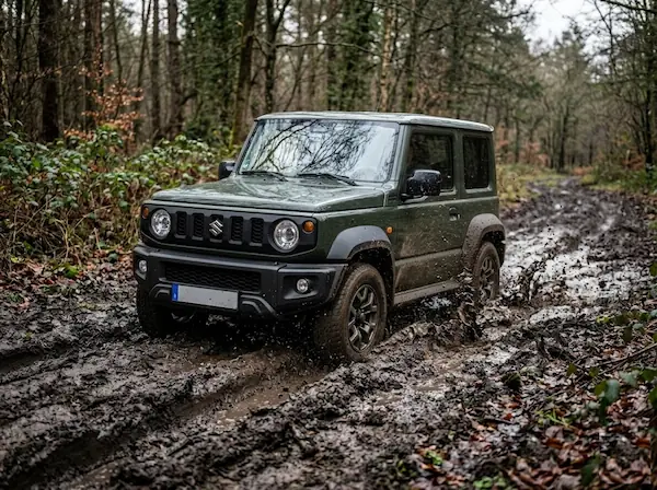 סוזוקי ג'ימני חוצה שביל בוצי בתוך יער