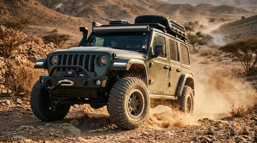 ג'יפ רוביקון בשטח מדברי מציג מערכת הנעה אמיתית