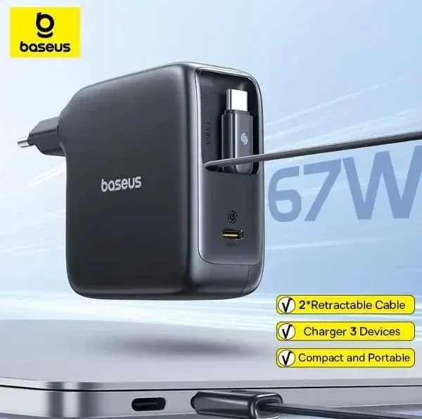 Baseus 67W GaN Charger with Retractable Cables
