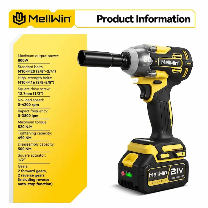 MELLWIN 520Nm Electric Impact Wrench – 3-in-1 Tool 2