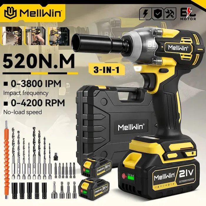 MELLWIN 520Nm Electric Impact Wrench – 3-in-1 Tool